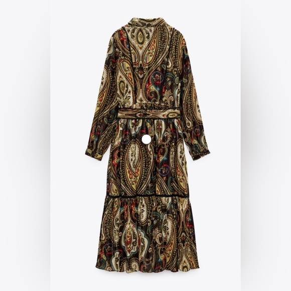 Zara Alabama Belted Midi Shirt Dress Women’s Medium Gold Paisley Lurex Button Up - Picture 2 of 13